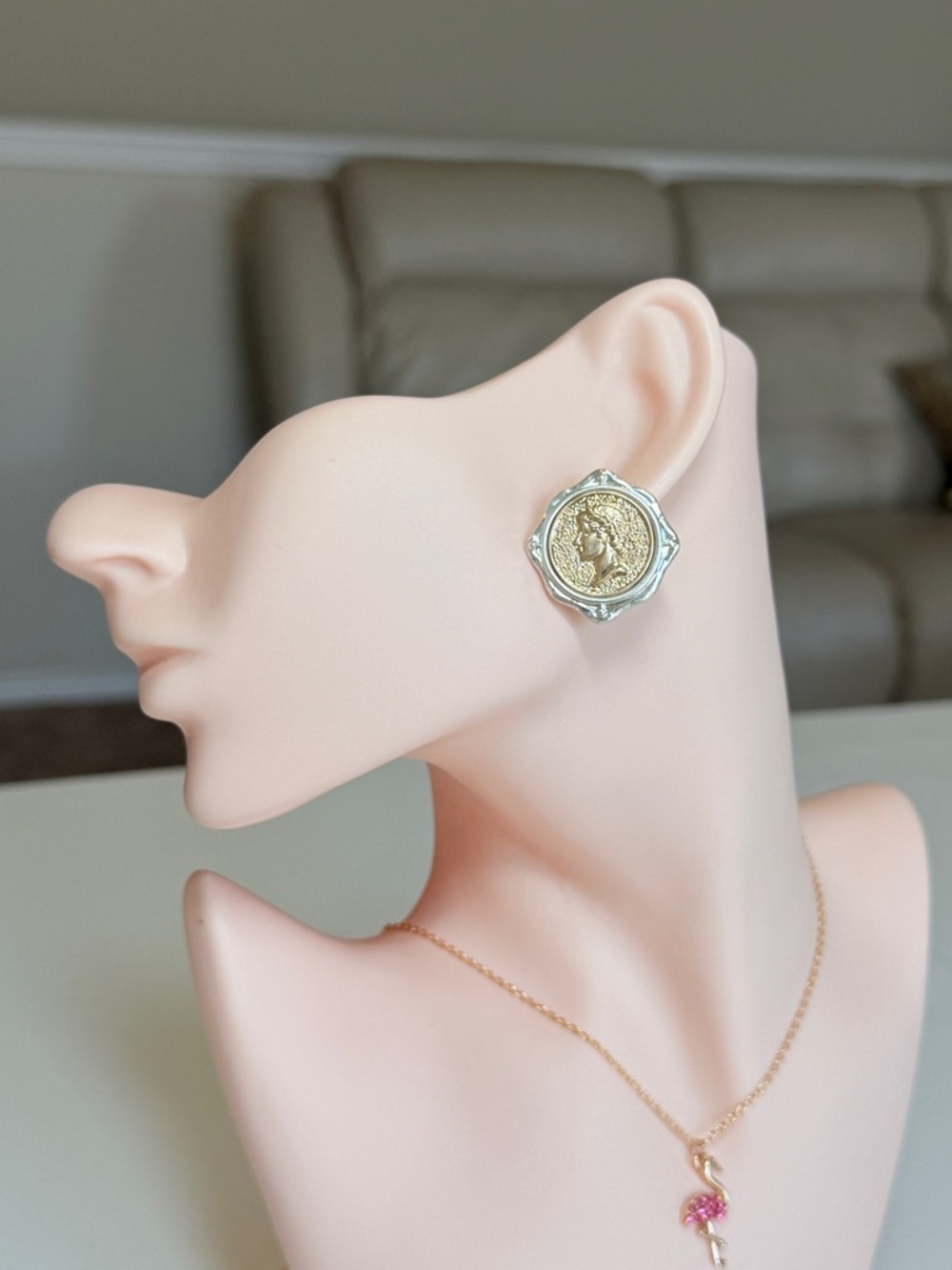 Gold and Silver Coin Medallion Earrings - Picture 3 of 10